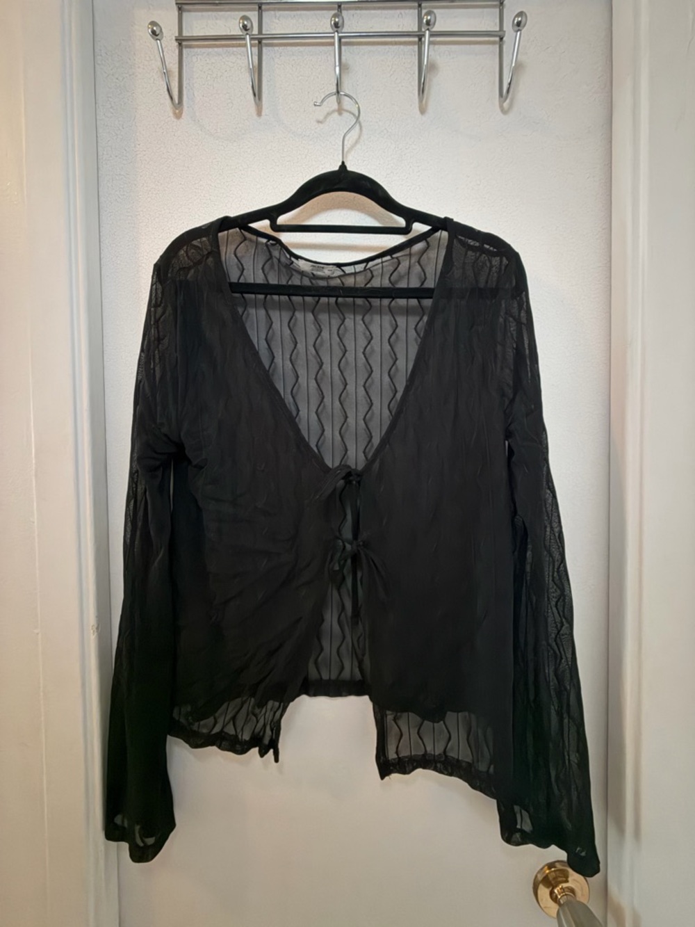 Ardene Black Sheer Tie-Front Long Sleeve Top